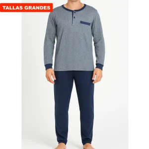 PIJAMA HOMBRE TALLAS GRANDES AZUL MICRORRELIEVE CON PANTALÓN MARINO