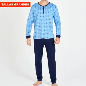 PIJAMA HOMBRE TALLAS GRANDES AZUL CIELO ESTAMPADO CON PANTALÓN MARINO
