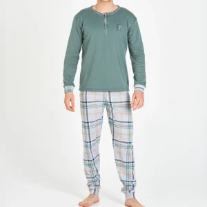 PIJAMA HOMBRE LARGO VERDE SALVIA CON PANTALÓN DE CUADROS