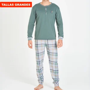 PIJAMA HOMBRE TALLAS GRANDES VERDE SALVIA CON PANTALÓN DE CUADROS