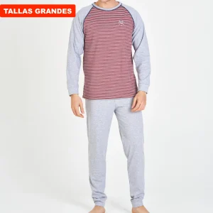 PIJAMA HOMBRE TALLAS GRANDES RAYAS BURDEOS CON MANGAS RAGLÁN Y PANTALÓN GRIS