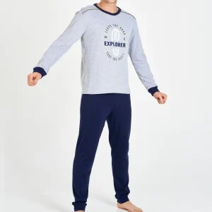 PIJAMA HOMBRE LARGO GRIS VIGORÉ EXPLORER CON PANTALÓN MARINO