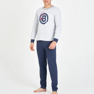 PIJAMA HOMBRE LARGO GRIS VIGORÉ CON LOGO “B” Y PANTALÓN AZUL MARINO