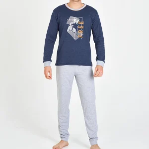 PIJAMA HOMBRE LARGO FREE AZUL MARINO CON PANTALÓN GRIS