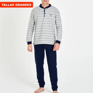 PIJAMA HOMBRE TALLAS GRANDES DE RIZO GRIS A RAYAS CON PANTALÓN MARINO