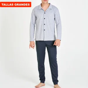 PIJAMA HOMBRE TALLAS GRANDES CAMISERO GRIS ESTAMPADO CON PANTALÓN AZUL MARINO