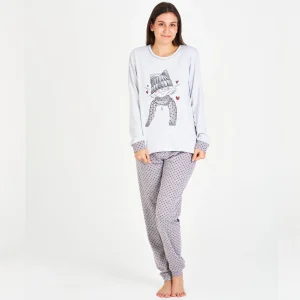 PIJAMA MUJER INVIERNO GRIS CON GATO ILUSTRADO