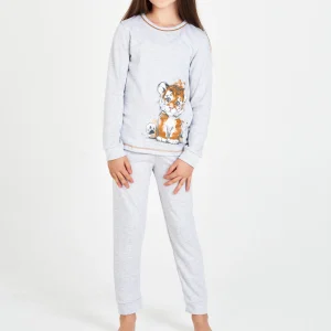 PIJAMA NIÑA INVIERNO GRIS CLARO TIGRITO CON PANTALÓN LISO