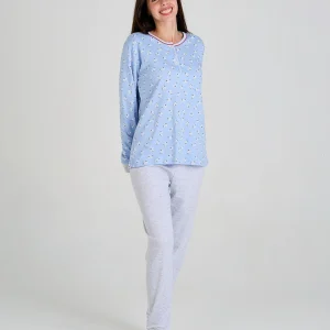 PIJAMA AFELPADO DE MUJER AZUL CON ESTAMPADO FLORAL