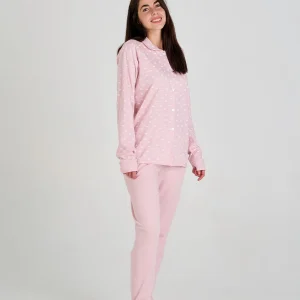PIJAMA AFELPADO ABIERTO DE MUJER ROSA CON ESTAMPADO NUBES