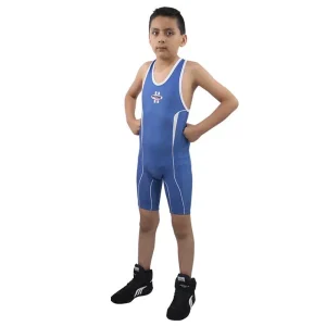 Butarga Infantil Fire Sports de tirante para Luchas asociadas o Wrestling kids Singlet Unisex Azul