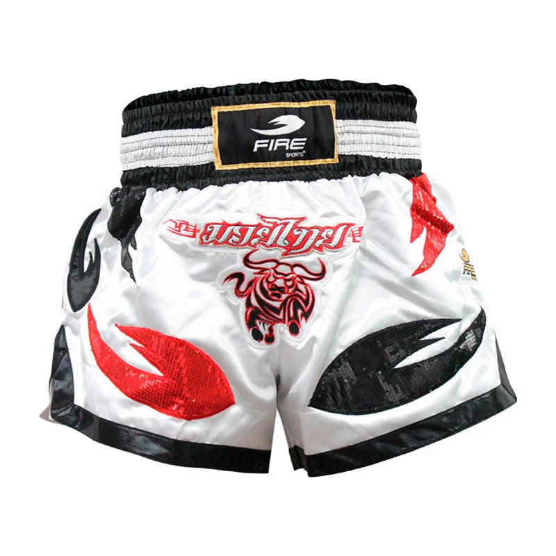 Short Deportivo Fire Sports para Muay Thai y Kick boxing (pantalón corto) Blanco-Toro