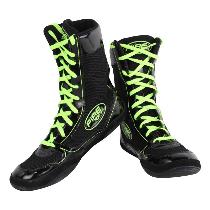Par de Zapatillas largas Fire Sports profesional para Boxeo Negro/Verde Fluor - Imagen 2