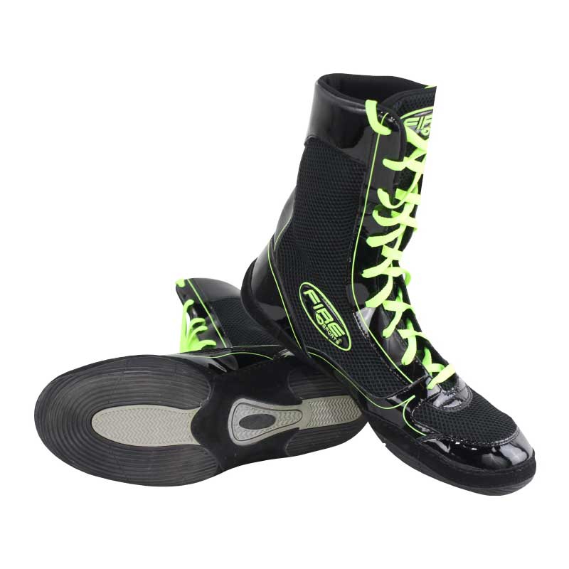 Par de Zapatillas largas Fire Sports profesional para Boxeo Negro/Verde Fluor - Imagen 3