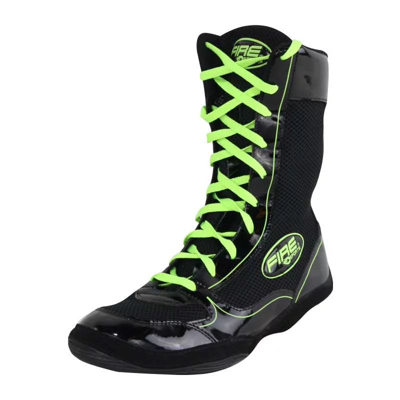 Par de Zapatillas largas Fire Sports profesional para Boxeo Negro/Verde Fluor - Imagen 4